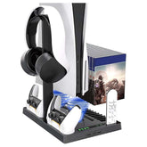 Vertical Stand Cooling Fan for PS5 – Dual Controller Charger with Game Disc Storage, Space-Saving Design, and Efficient Cooling System